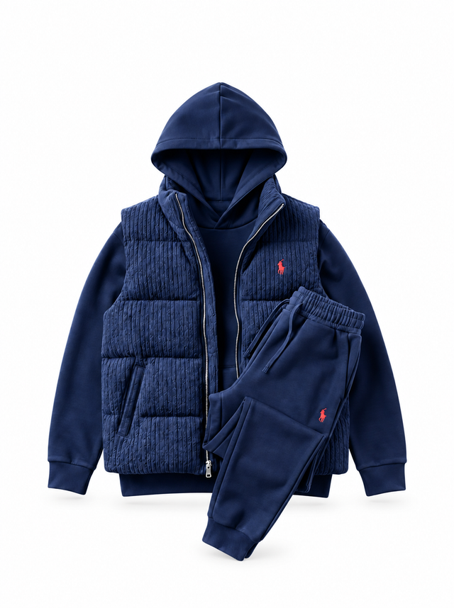 Men’s Heritage Cable-Knit Padded Vest 3-Piece Fleece Tracksuit Set