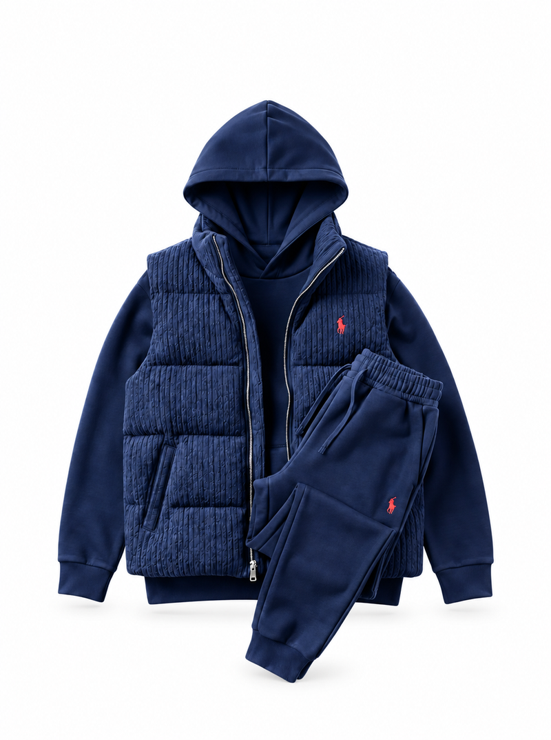 Men’s Heritage Cable-Knit Padded Vest 3-Piece Fleece Tracksuit Set